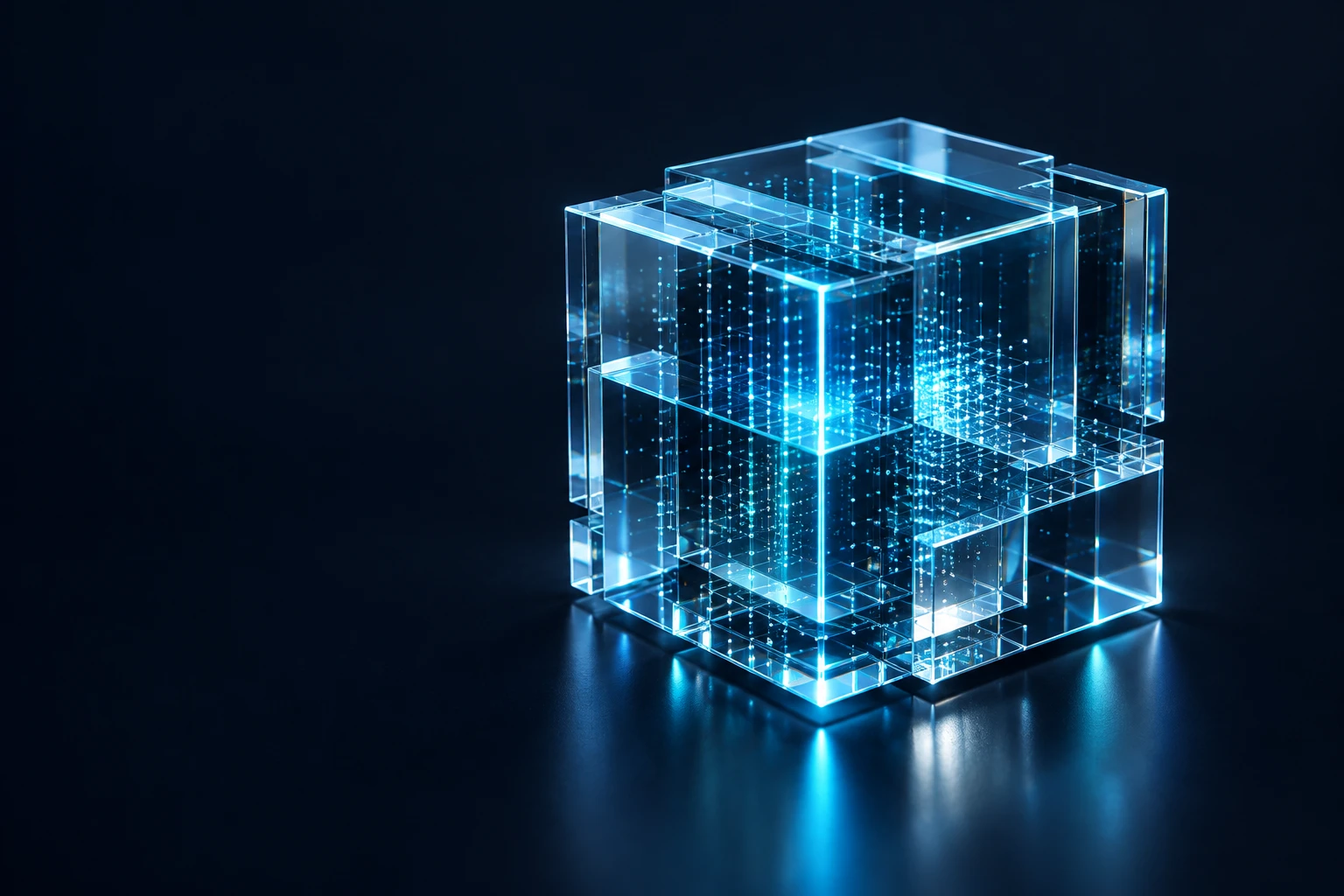 Layered optical glass data core illuminated in cyan